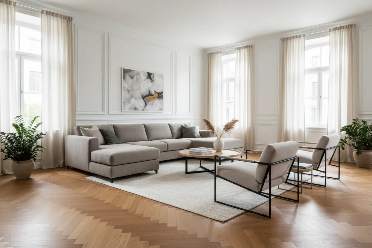 Séjour d'un appartement parisien après rénovation complète